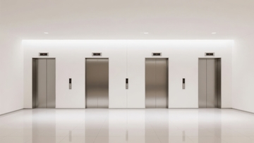 现代简约风格的四部电梯并排排列于明亮走廊