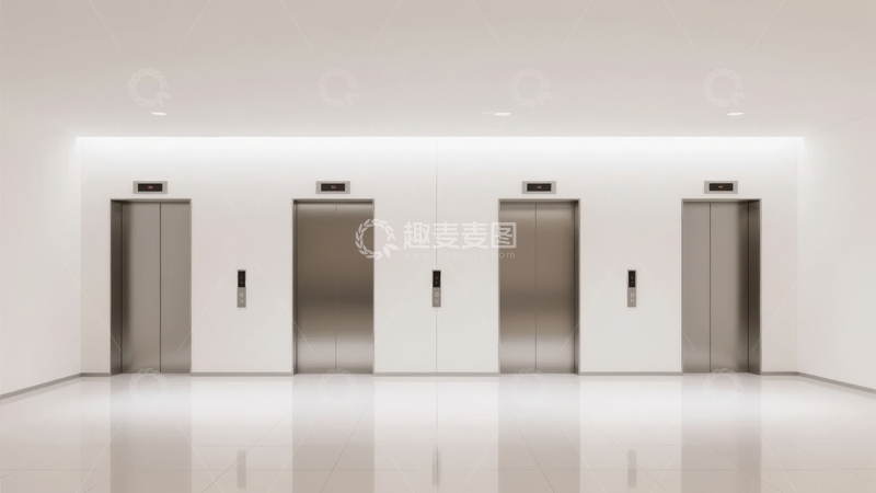 高清大图下载【趣麦麦图】-现代简约风格的四部电梯并排排列于明亮走廊