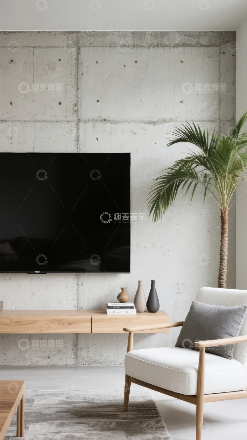 高清大图下载【趣麦麦图】现代简约客厅电视墙设计搭配绿植装饰