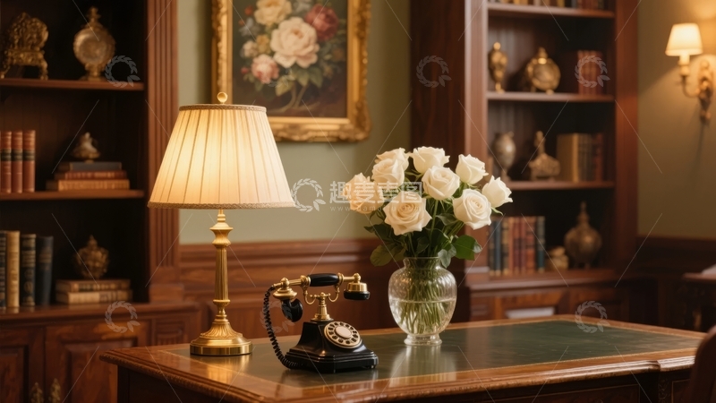 高清大图下载【趣麦麦图】复古风格书房内桌上摆放着台灯电话与花瓶