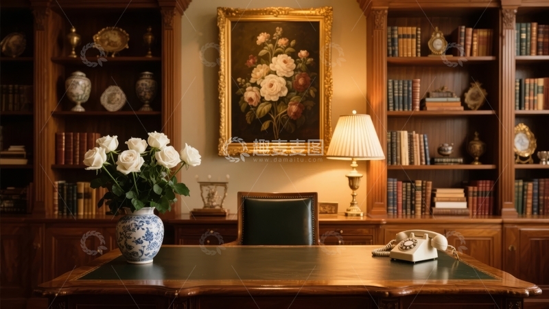 高清大图下载【趣麦麦图】古典书房内摆放着书架、画作和办公桌