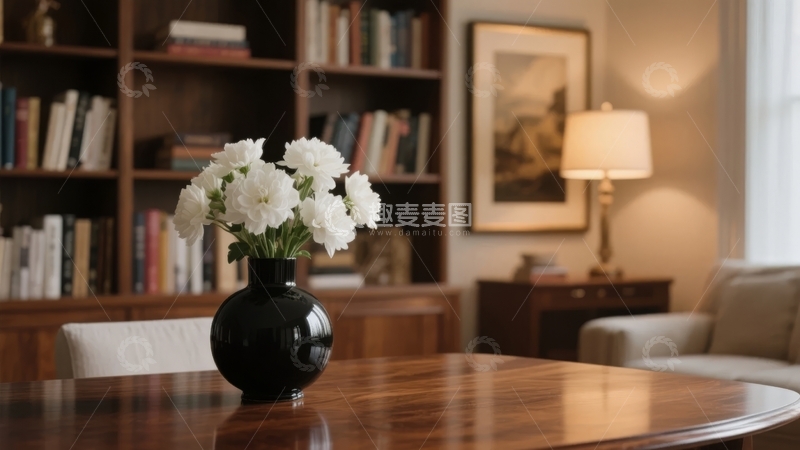 高清大图下载【趣麦麦图】室内书架旁的桌上摆放着白色花束