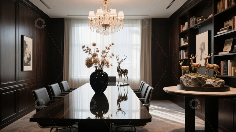豪华会议室配备长桌花瓶与鹿雕摆件