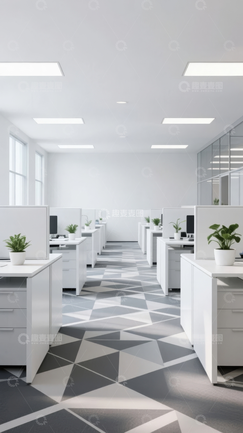 高清大图下载【趣麦麦图】现代办公室内景办公桌整齐排列地面铺有几何图案地毯