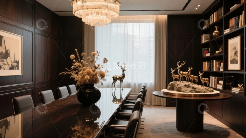 豪华会议室配备长桌与装饰摆件