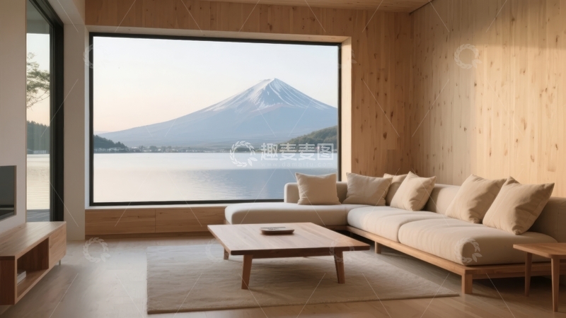 高清大图下载【趣麦麦图】现代客厅内望向富士山的宁静景观