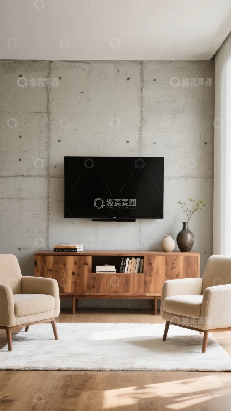高清大图下载【趣麦麦图】现代简约客厅电视墙设计搭配木质柜与舒适座椅