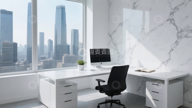 高清大图下载【趣麦麦图】现代简约风格办公室内景配有大理石墙面和城市景观