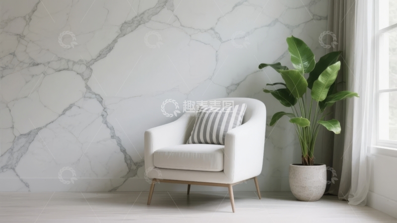 高清大图下载【趣麦麦图】现代简约风格客厅一角摆放着白色扶手椅和绿植
