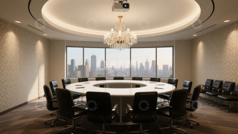 高清大图下载【趣麦麦图】现代商务会议室配备圆形大桌和城市景观窗