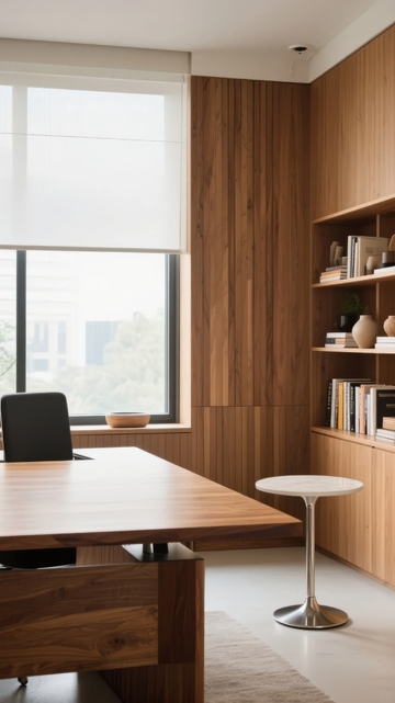 现代简约风格办公室内景木质墙面与书架