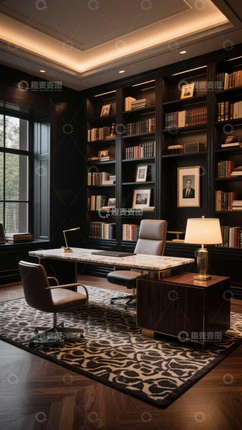 高清大图下载【趣麦麦图】豪华书房内景深色木质书架与办公桌椅组合