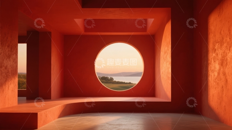高清大图下载【趣麦麦图】橙色建筑内部圆形窗户映衬日落景观