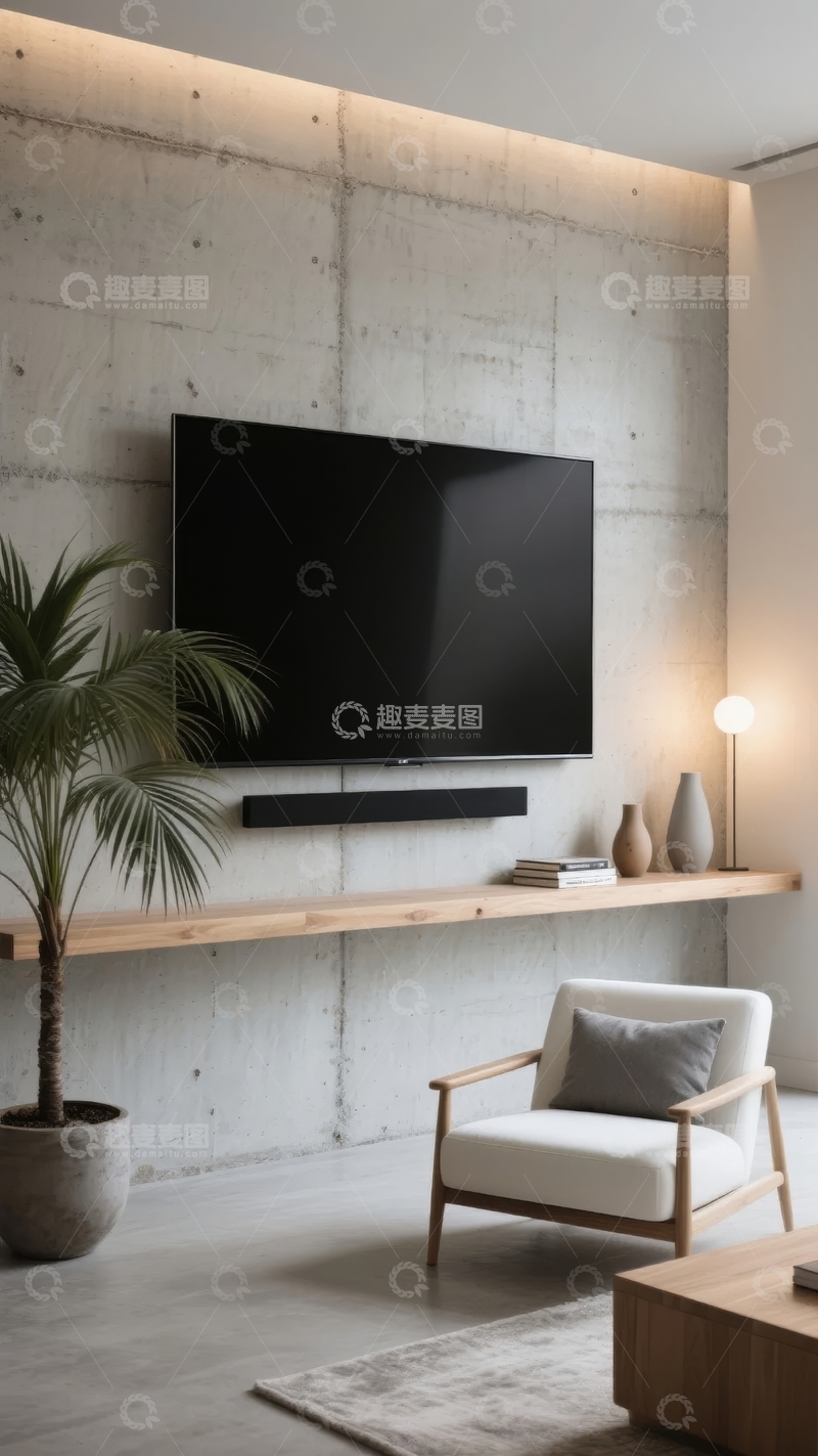 高清大图下载【趣麦麦图】现代简约客厅电视墙设计搭配绿植装饰