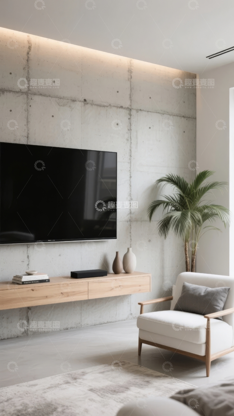 高清大图下载【趣麦麦图】现代简约客厅电视墙设计搭配绿植装饰