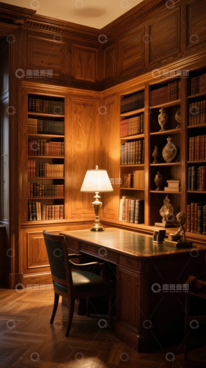 高清大图下载【趣麦麦图】典雅书房内木质书柜与书桌在暖光下显得温馨而庄重