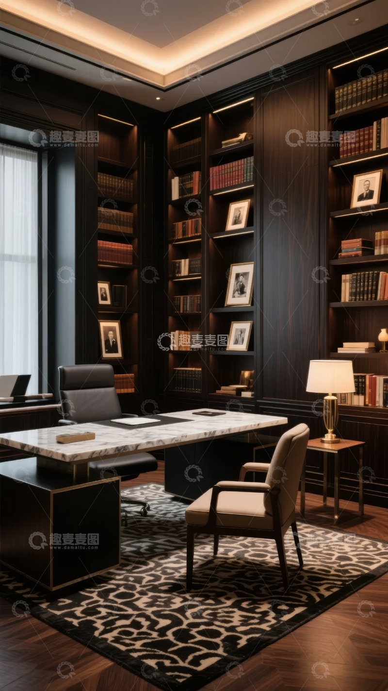 高清大图下载【趣麦麦图】豪华书房内景设计现代典雅书架环绕办公桌椅