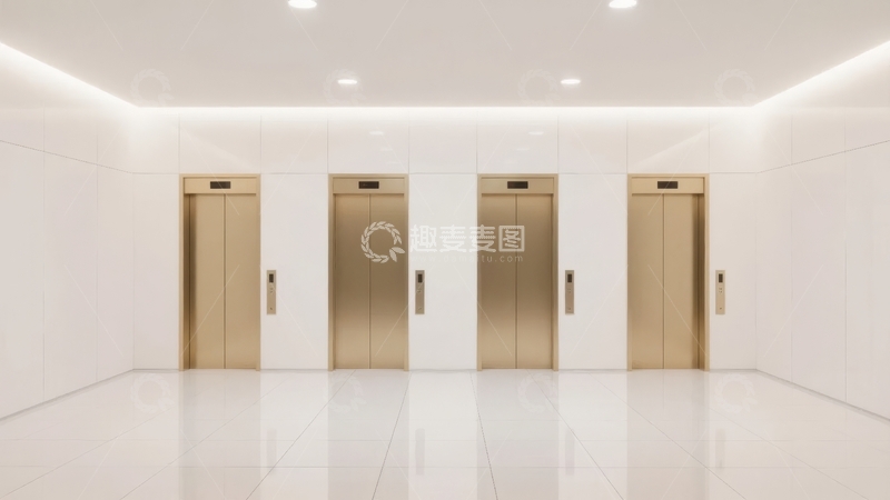 高清大图下载【趣麦麦图】四扇金色电梯门排列在简洁白色墙室内空间