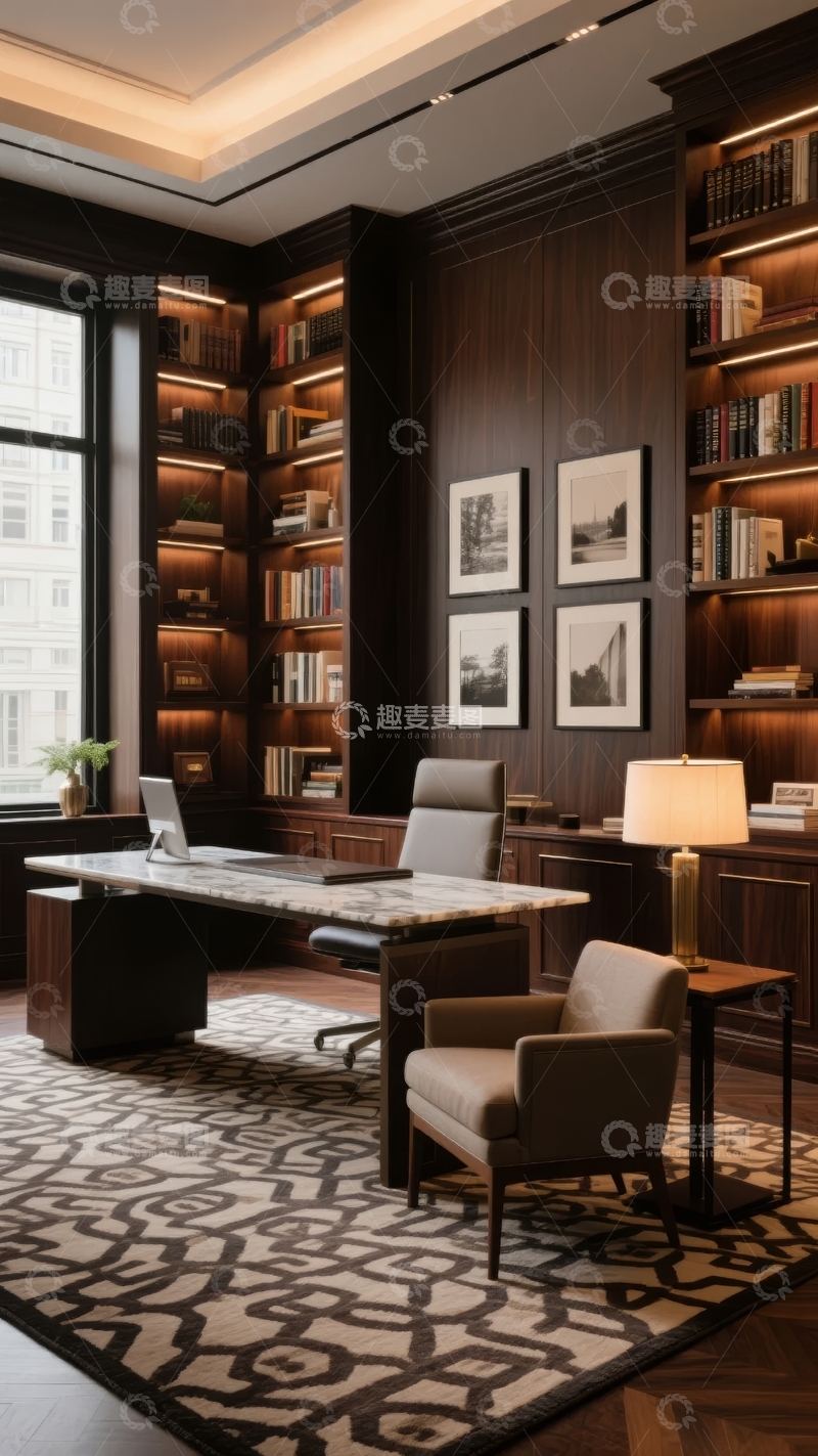 高清大图下载【趣麦麦图】豪华书房内设书架办公桌与舒适座椅