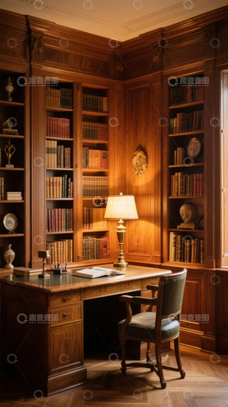 高清大图下载【趣麦麦图】古典书房内木质书架环绕书桌与台灯