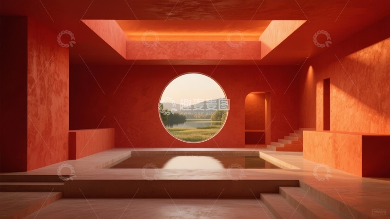 高清大图下载【趣麦麦图】红色调室内空间圆形窗户展现户外山景