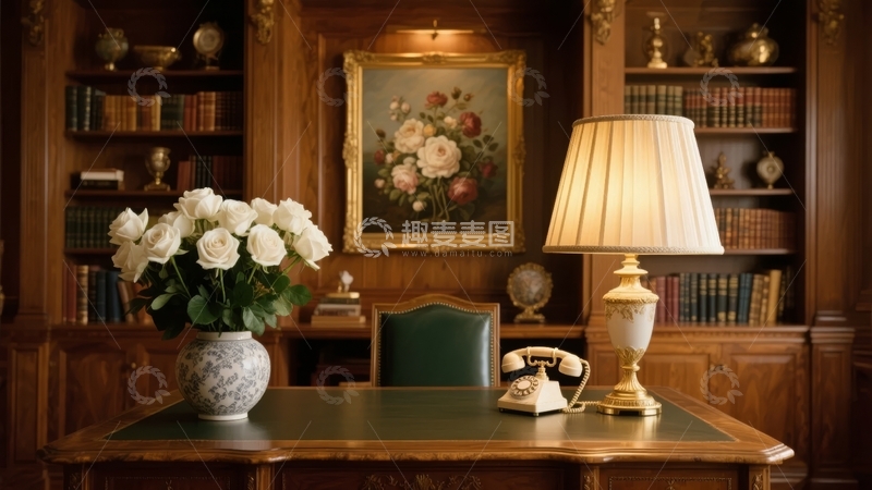 高清大图下载【趣麦麦图】古典风格书房内摆放着花瓶电话和装饰画