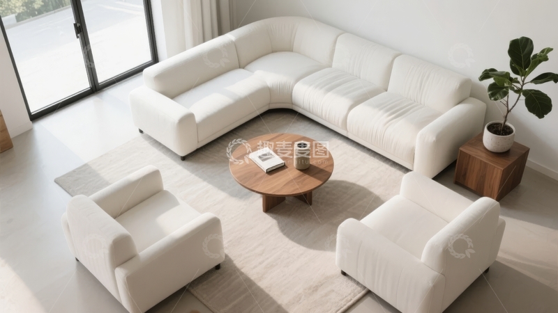 高清大图下载【趣麦麦图】现代简约风格客厅布置白色沙发茶几与绿植点缀