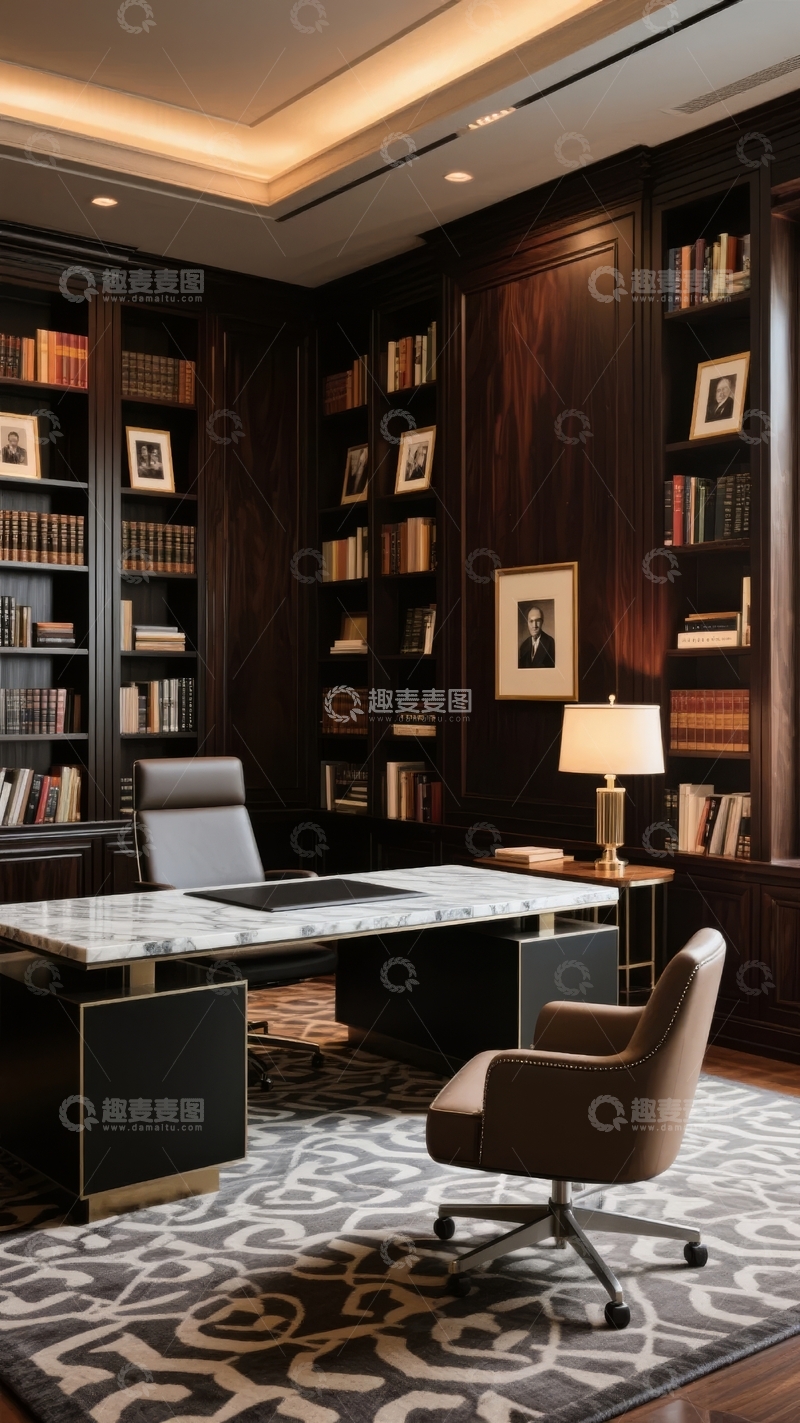 高清大图下载【趣麦麦图】豪华书房内景深色木质书架与大理石办公桌