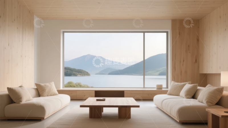 高清大图下载【趣麦麦图】现代简约客厅窗外山湖景观