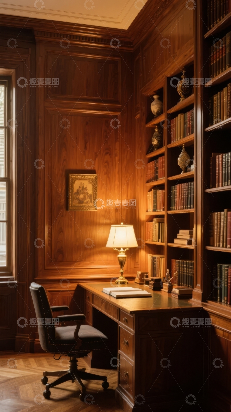 高清大图下载【趣麦麦图】典雅书房内木质书架与办公桌的温馨角落