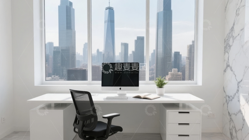 现代简约办公室内景窗外高楼林立