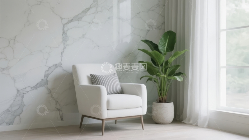 高清大图下载【趣麦麦图】现代简约风格室内一角白色大理石墙与绿植相伴