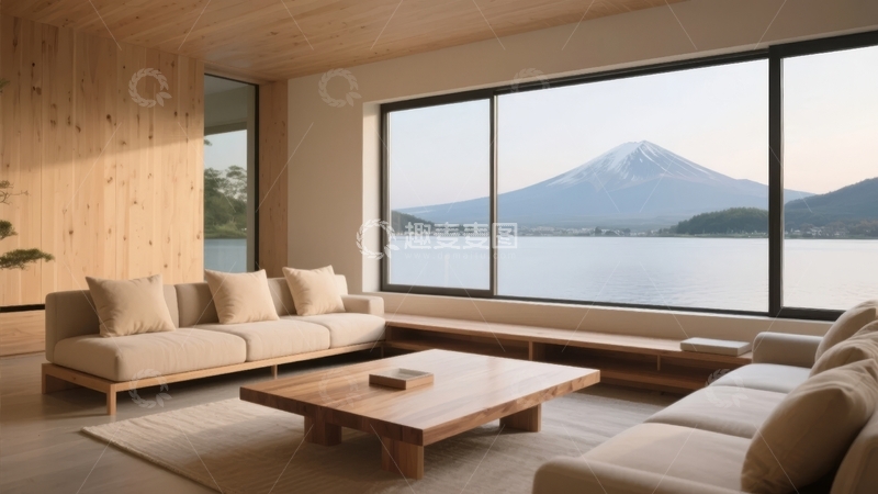 高清大图下载【趣麦麦图】现代客厅内望向富士山的宁静景观