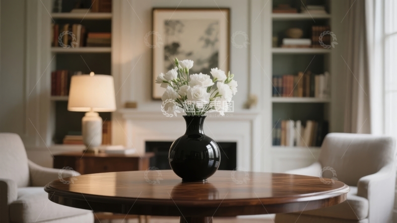 高清大图下载【趣麦麦图】典雅客厅中央摆放着黑色花瓶与白色花朵