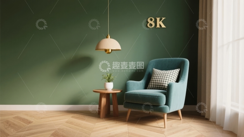 高清大图下载【趣麦麦图】绿色墙面的室内角落摆放着蓝色扶手椅和木质小桌