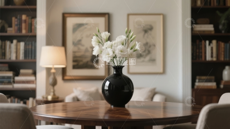 高清大图下载【趣麦麦图】书房内木质圆桌上摆放着黑色花瓶和白色花朵
