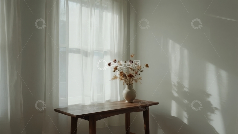 高清大图下载【趣麦麦图】窗边桌上的花瓶与光影交错的宁静室内场景