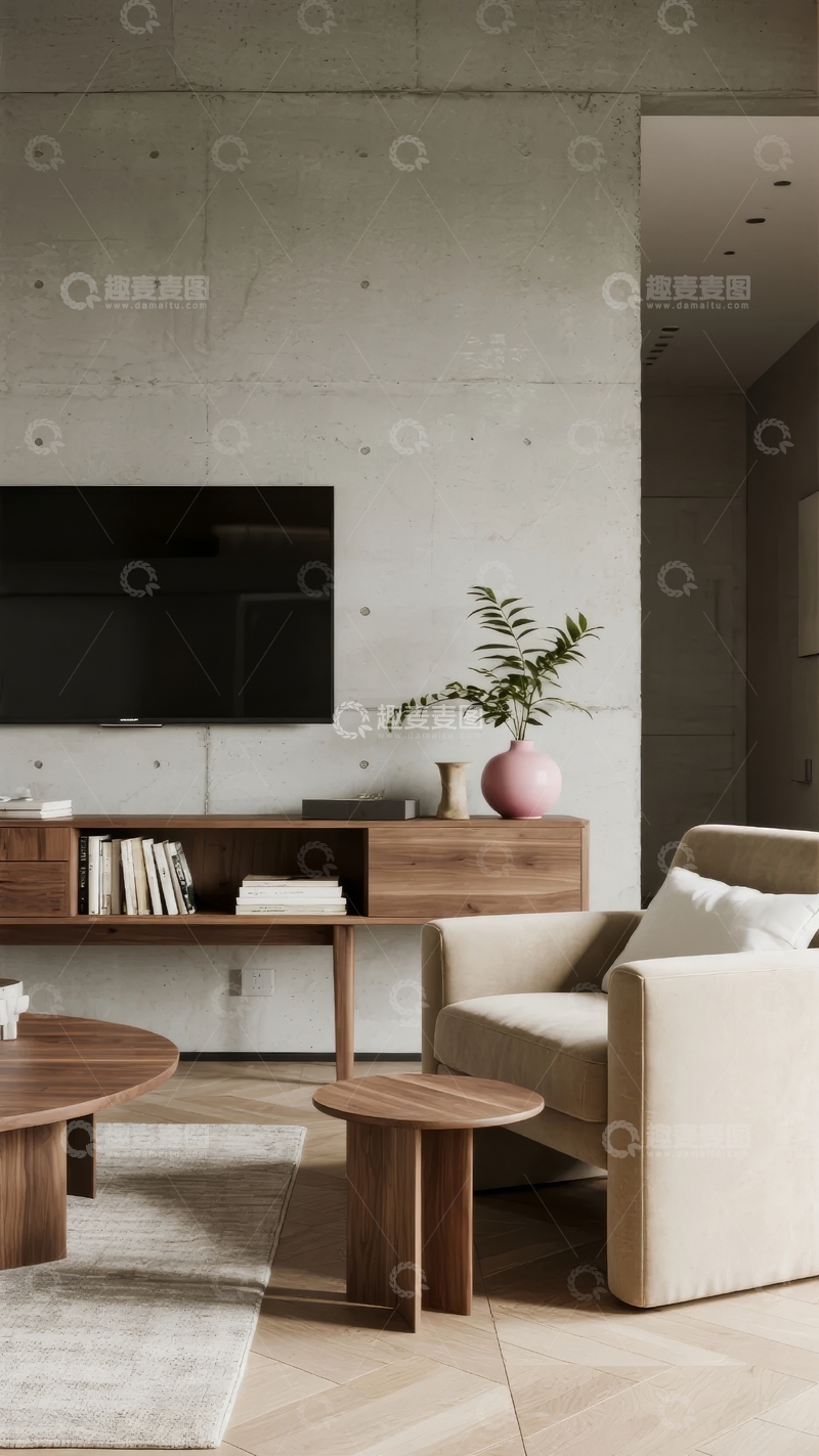 高清大图下载【趣麦麦图】现代简约风格客厅布置包含电视柜沙发和装饰植物