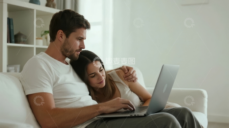 高清大图下载【趣麦麦图】情侣在客厅沙发上共同使用笔记本电脑