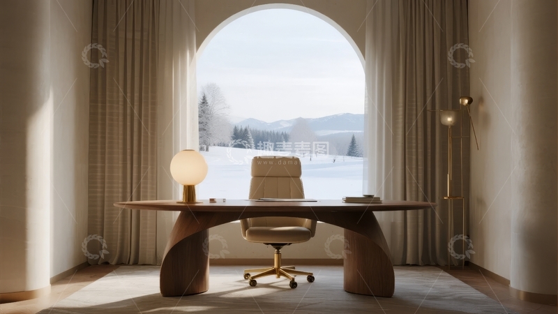 高清大图下载【趣麦麦图】现代办公桌椅置于雪景窗前的室内场景