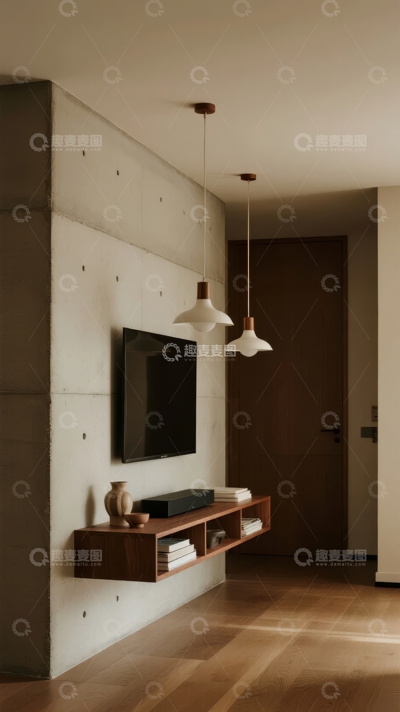 高清大图下载【趣麦麦图】现代简约风格客厅墙面设计搭配吊灯与装饰品