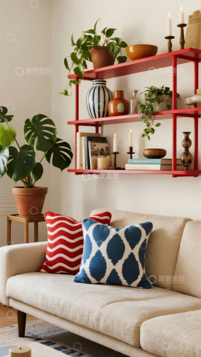 高清大图下载【趣麦麦图】现代客厅墙面置物架摆放绿植与装饰品