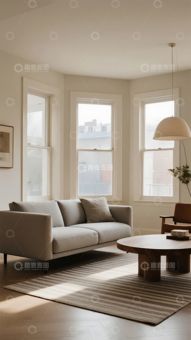高清大图下载【趣麦麦图】明亮现代客厅配有大窗户和简约家具
