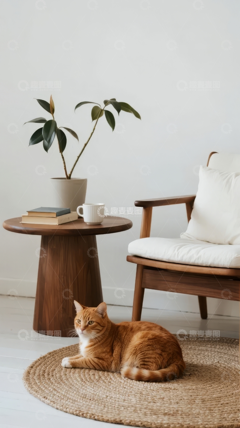 高清大图下载【趣麦麦图】橘猫静卧于简约室内角落旁有绿植与书本