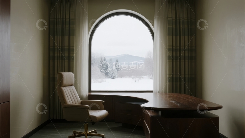 高清大图下载【趣麦麦图】现代书房内临窗而设的办公桌与单人椅