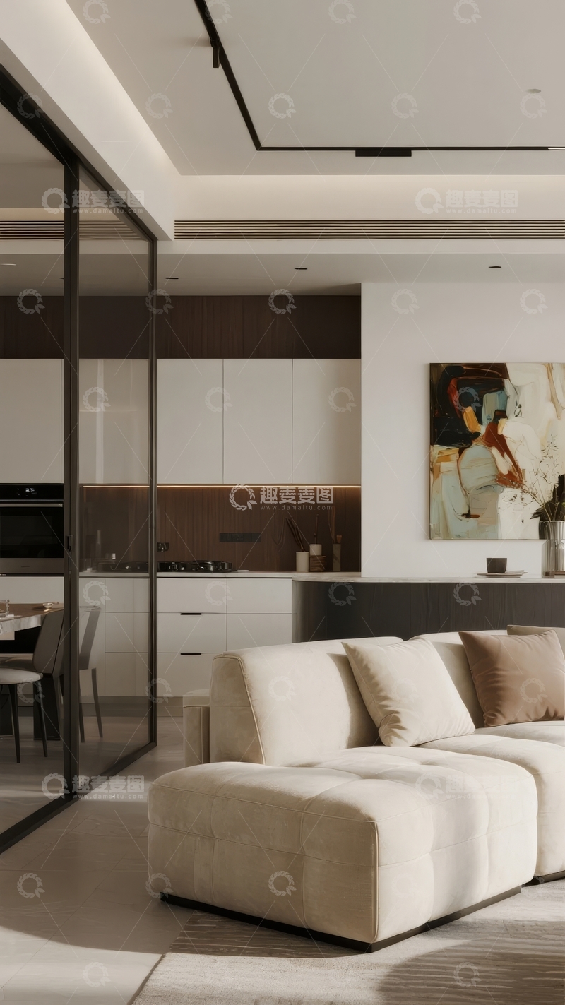 高清大图下载【趣麦麦图】现代简约风格客厅与开放式厨房相连