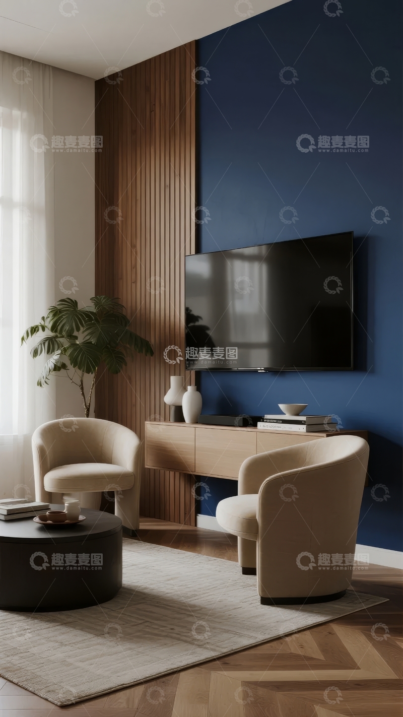 高清大图下载【趣麦麦图】现代客厅设计以蓝色墙面和木质装饰为特色