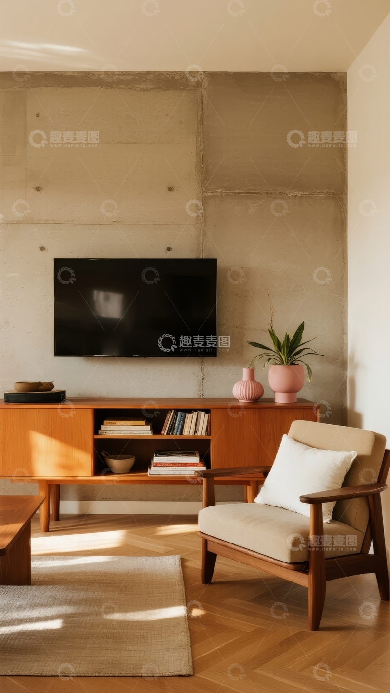 高清大图下载【趣麦麦图】现代简约客厅墙面电视柜与舒适座椅