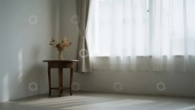 高清大图下载【趣麦麦图】窗边木质小桌摆放干花室内静谧角落