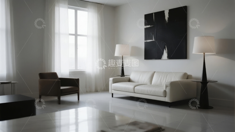 高清大图下载【趣麦麦图】现代简约客厅内白色沙发与黑色抽象画的静谧空间